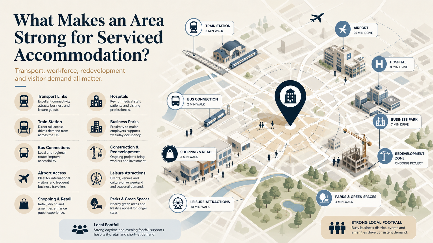 Map showing serviced accommodation demand drivers including transport links, airports, hospitals, business parks, redevelopment and leisure attractions.