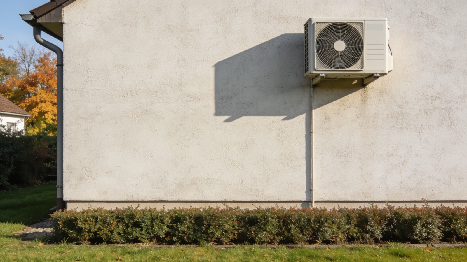 Außeneinheit einer Luft-Wärmepumpe an der Fassade eines Wohnhauses aus den sechziger Jahren