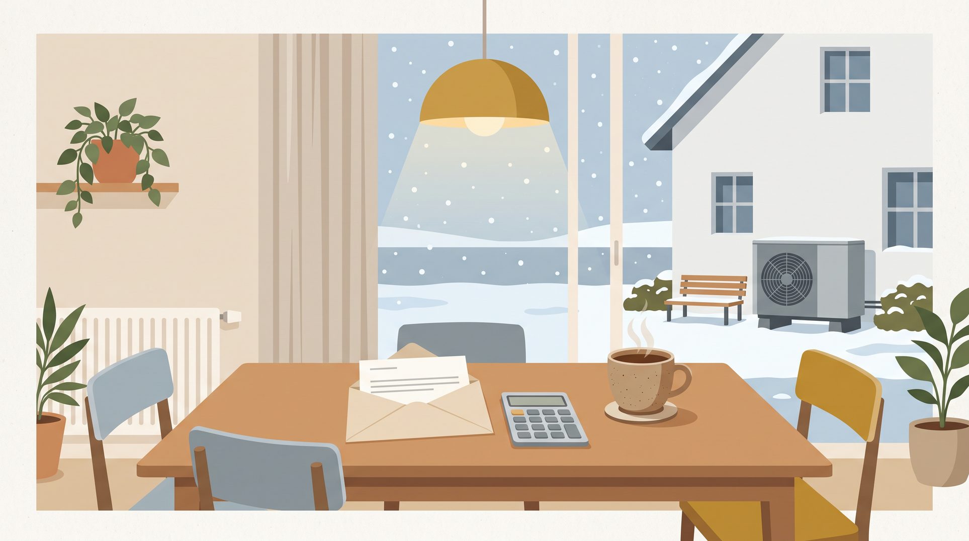 Illustration eines Küchentischs mit Stromabrechnung und Taschenrechner, durchs Fenster steht eine Wärmepumpe im Schnee