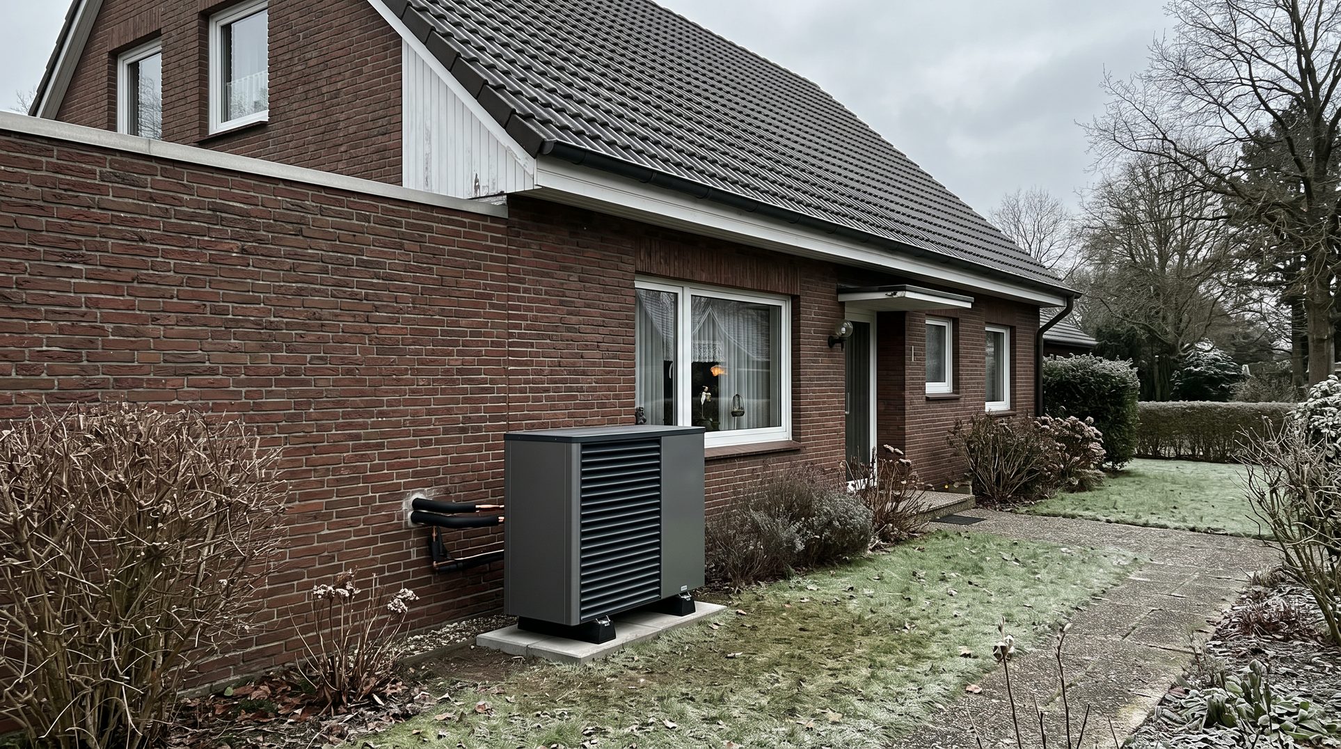 Außeneinheit einer Luft-Wärmepumpe neben einem Backsteinhaus der 1970er-Jahre, das Dach ohne Solarmodule: So sieht der Heizungsumstieg ohne Photovoltaik aus.