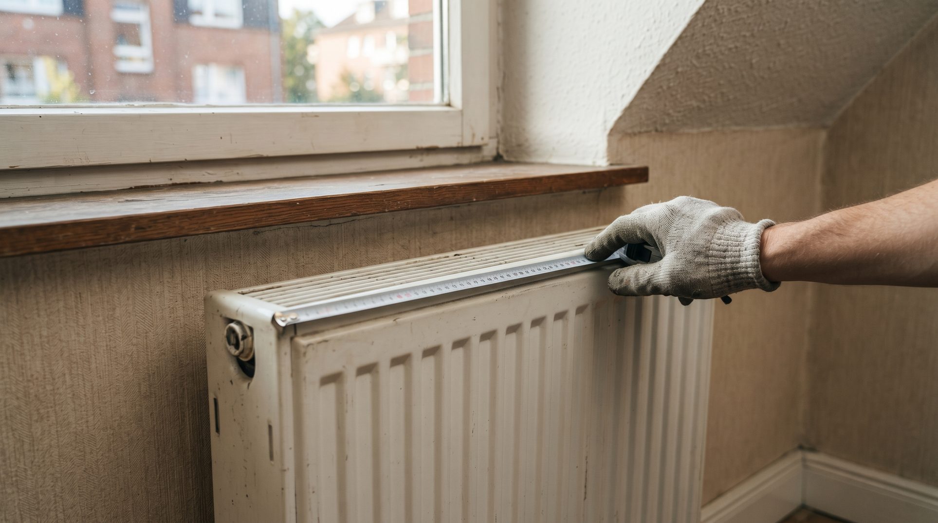 Weißer Plattenheizkörper unter einem Altbaufenster, eine Hand mit Arbeitshandschuh misst die Länge mit einem Zollstock nach.