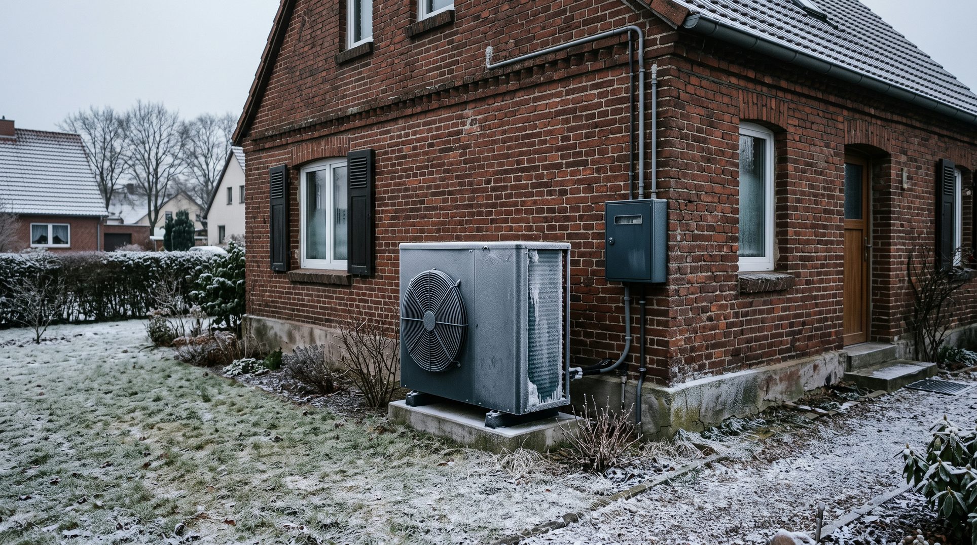 Außeneinheit einer Luft-Wärmepumpe mit Reif am Ventilatorgitter vor einem Einfamilienhaus im Winter