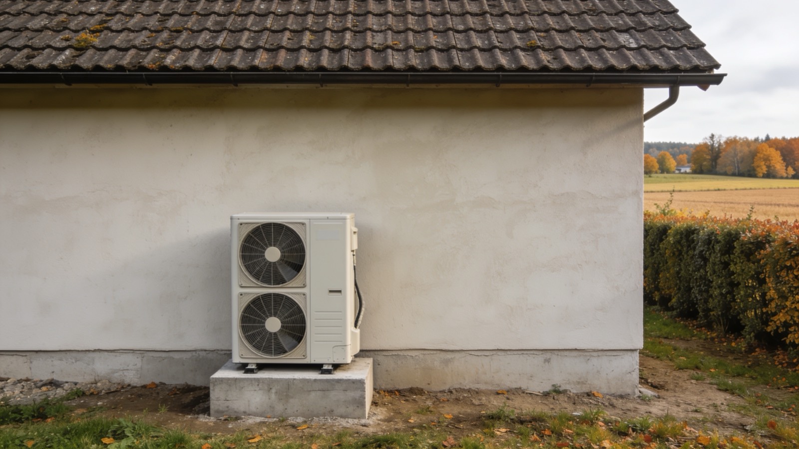 Luft-Wärmepumpe an der Außenwand eines sanierten Einfamilienhauses in ländlicher Umgebung bei Herbstlicht