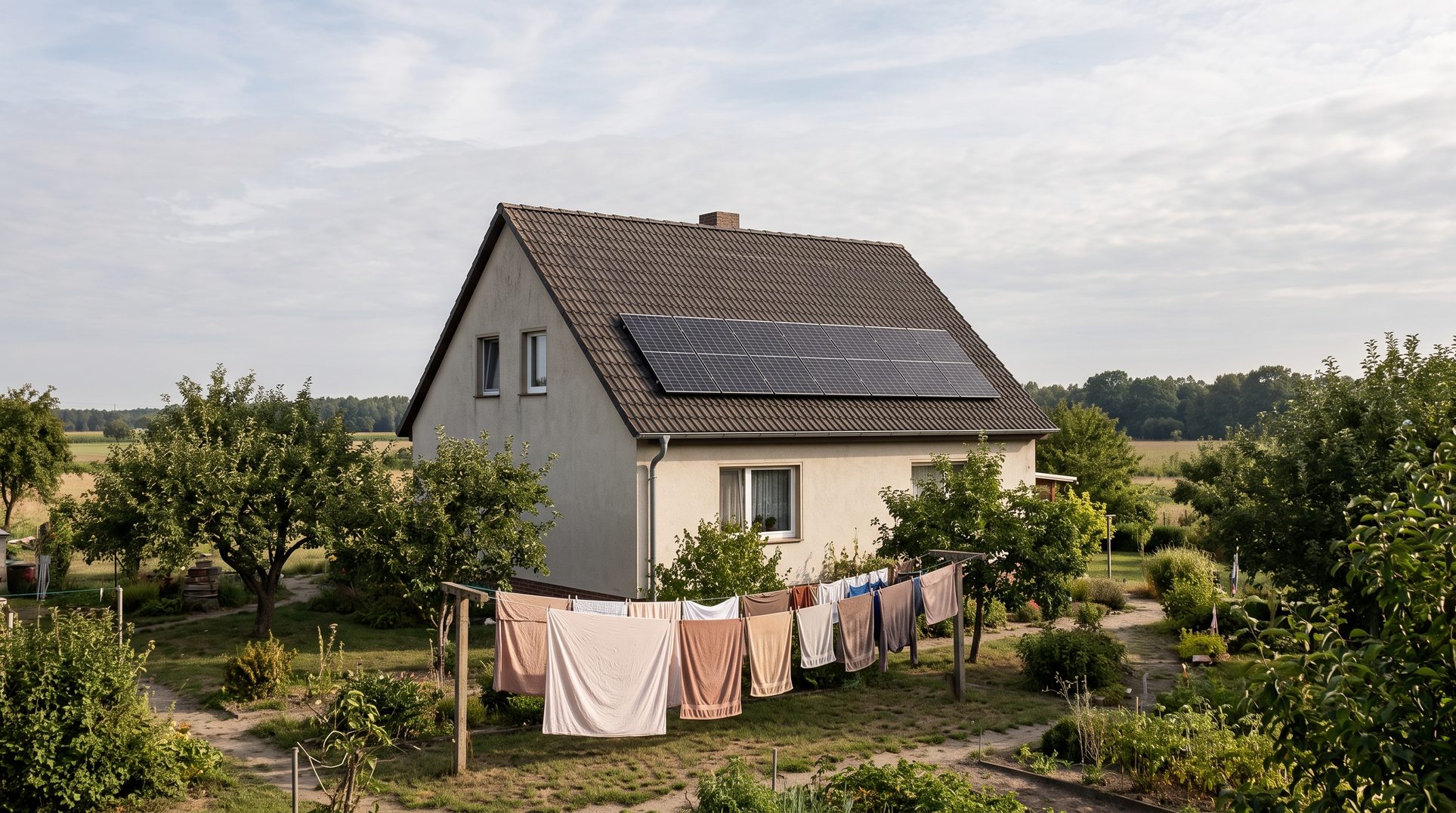 Einfamilienhaus in Brandenburg mit acht dunklen Solarmodulen auf dem Süddach, im Garten hängt Wäsche auf der Leine.