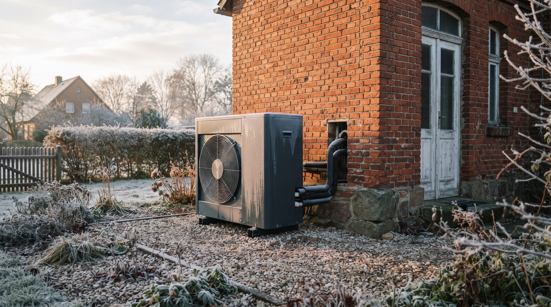 Außengerät einer Luft-Wasser-Wärmepumpe an einem Backsteinhaus in Brandenburg an einem frostigen Wintermorgen