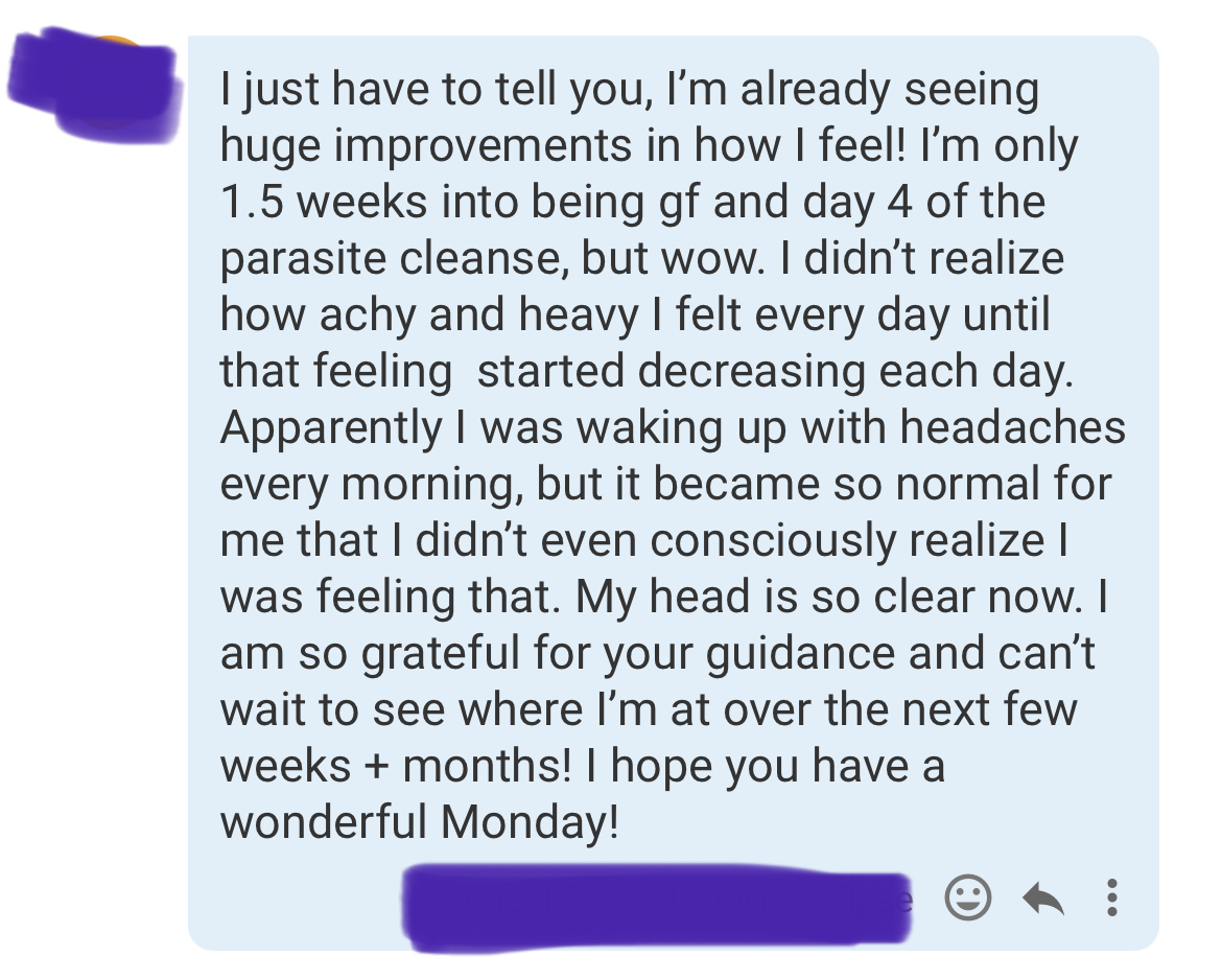 Screenshot of a client's testimonial message sharing an update with Stephanie.
