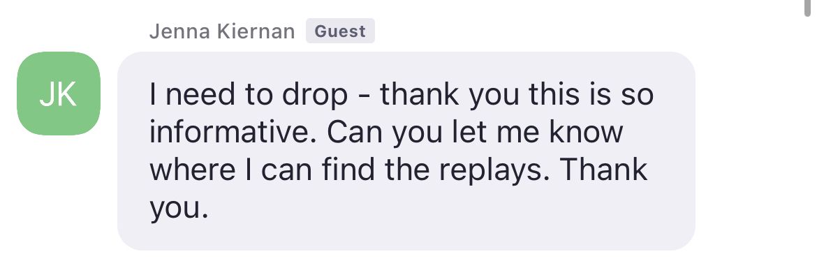Screenshot of a client's testimonial message reflecting on her journey.