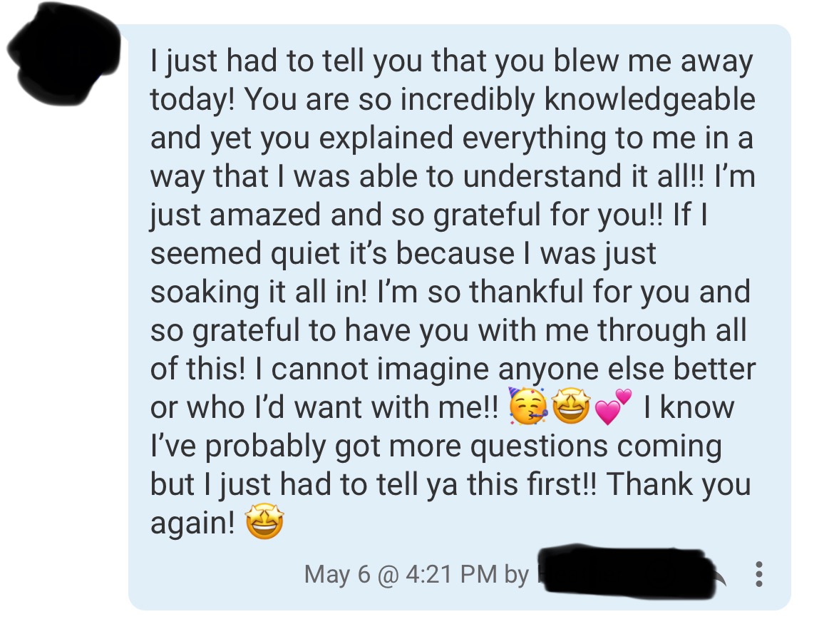 Screenshot of a client's testimonial message about working with Stephanie Center Wellness.