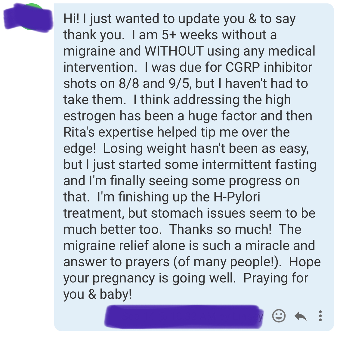 Screenshot of a client's text message reporting more than five weeks without a migraine.