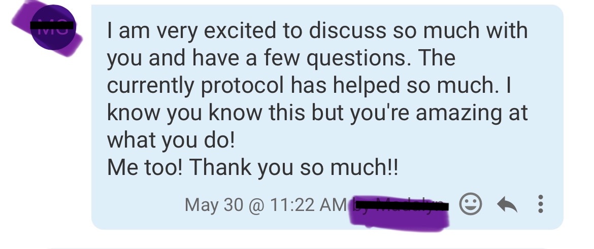 Screenshot of a client's testimonial message about her experience in the program.