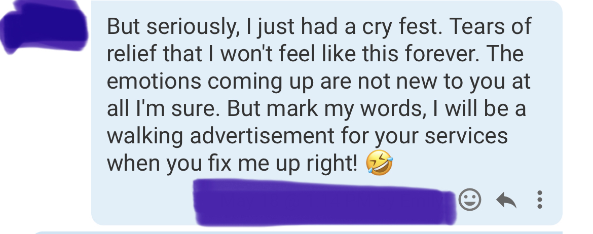 Screenshot of a client's testimonial message shared with Stephanie Center Wellness.