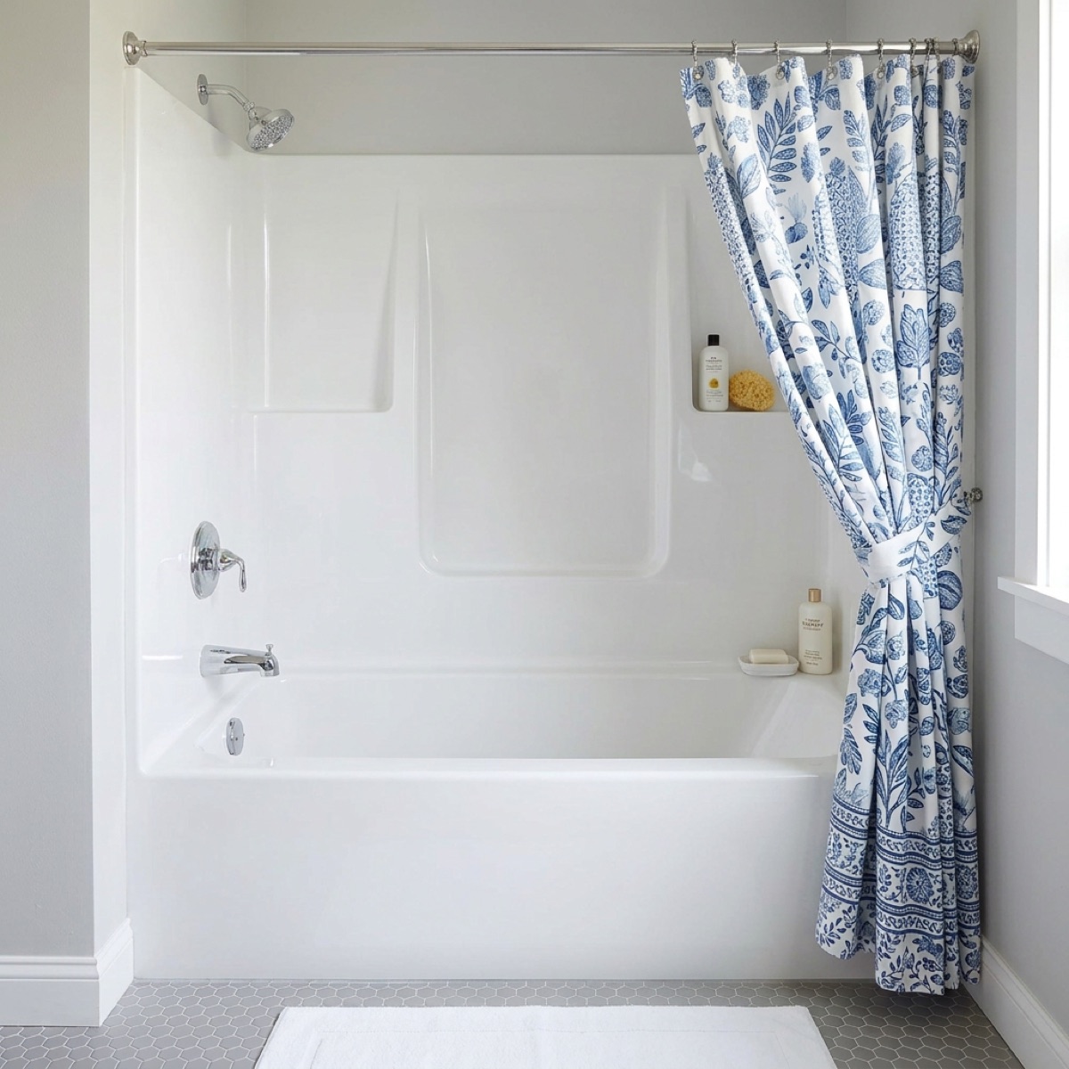 Tub and shower surround after refinishing: clean, bright white