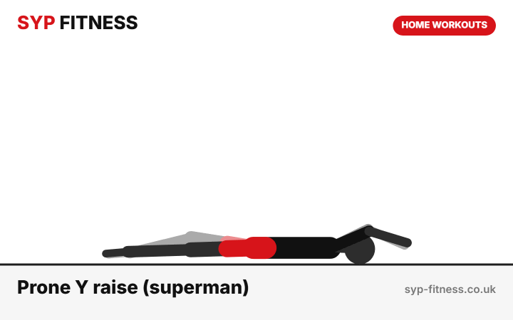 Prone Y raise (superman) demonstration - Level 2 bodyweight home workout, SYP Fitness personal trainer Archway