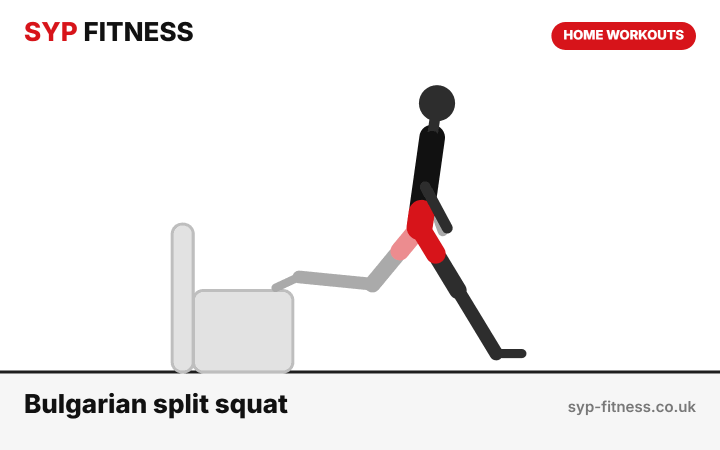Bulgarian split squat (back foot on sofa) demonstration - Level 7 bodyweight home workout, SYP Fitness personal trainer Archway