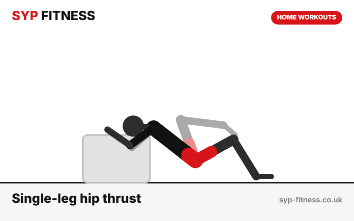 Single-leg hip thrust (shoulders on sofa) demonstration - Level 7 bodyweight home workout, SYP Fitness personal trainer Archway