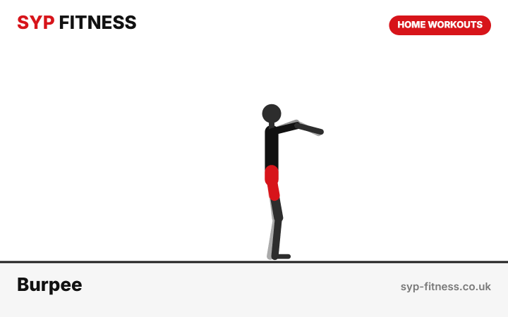 Animated burpee demonstration from the SYP Fitness bodyweight home workouts, Level 1 to 10