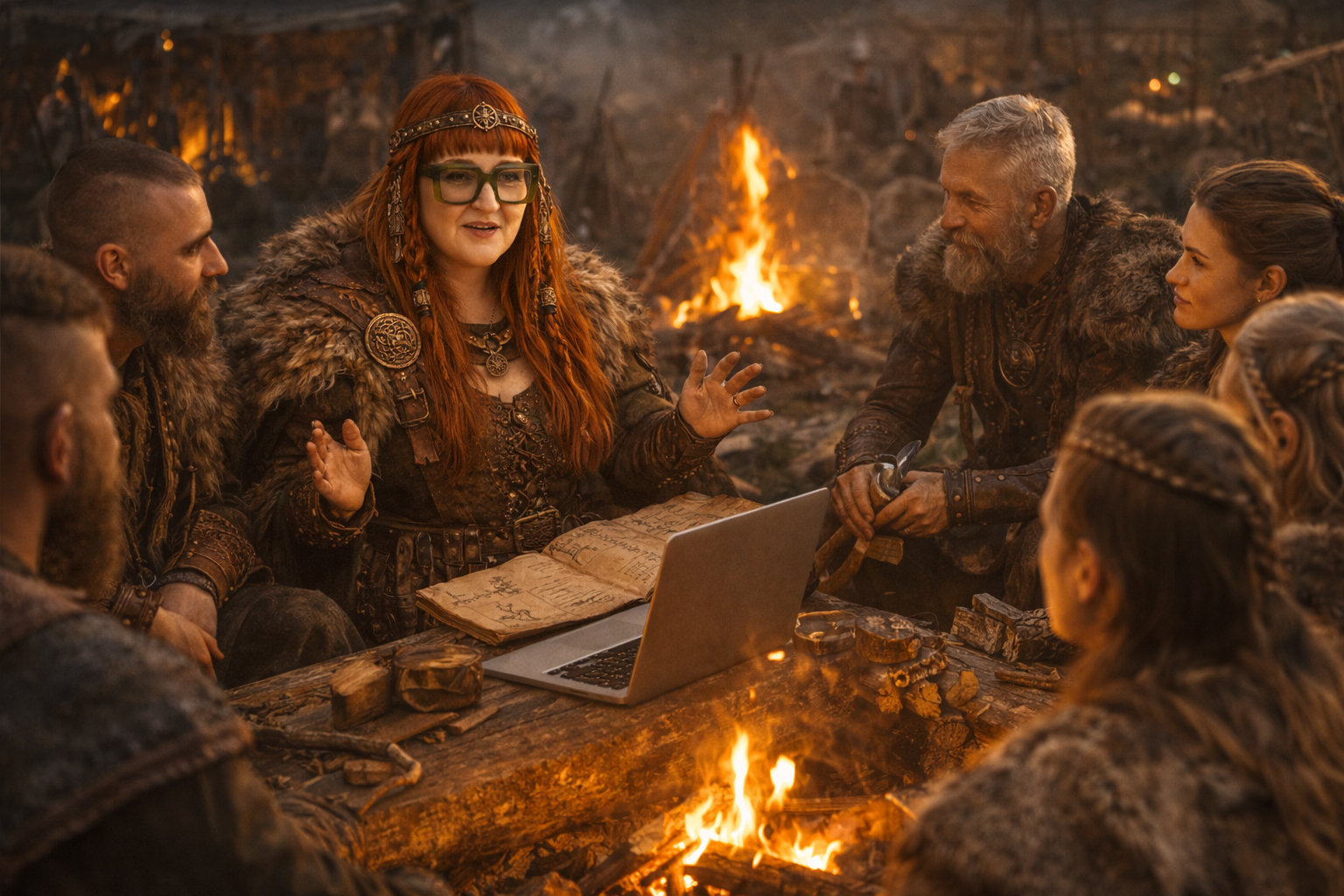 Erika Entz at a Viking table with tradies and Vikings