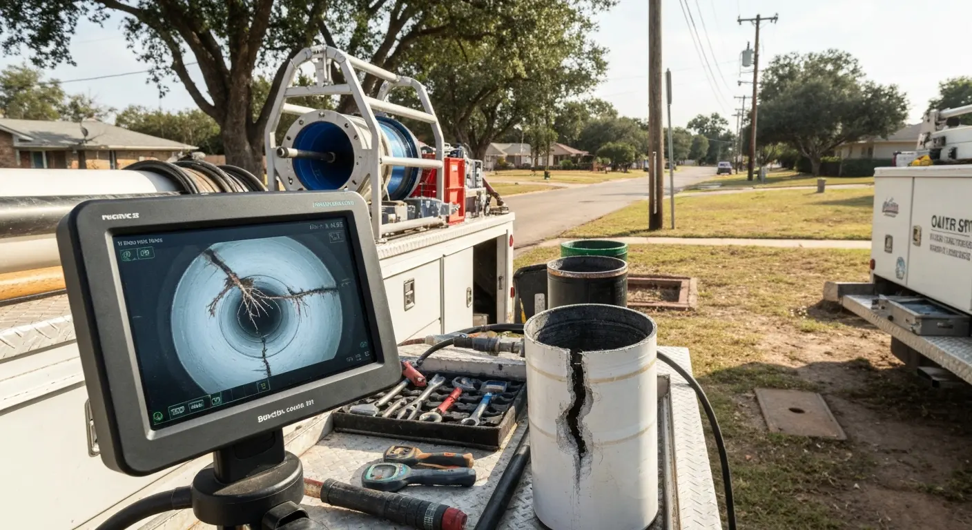 Sewer camera inspection showing pipe damage