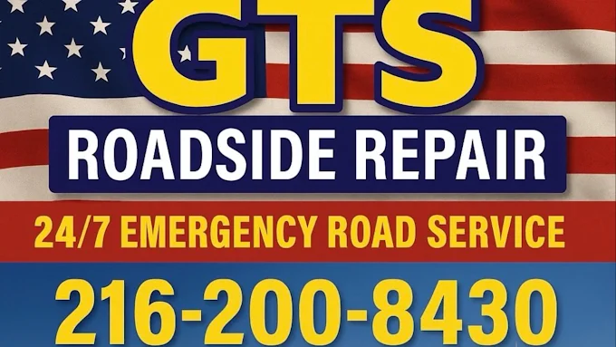 GTS Roadside Repair contact card with phone number 216-200-8430 and 24/7 emergency road service for trucks and trailers