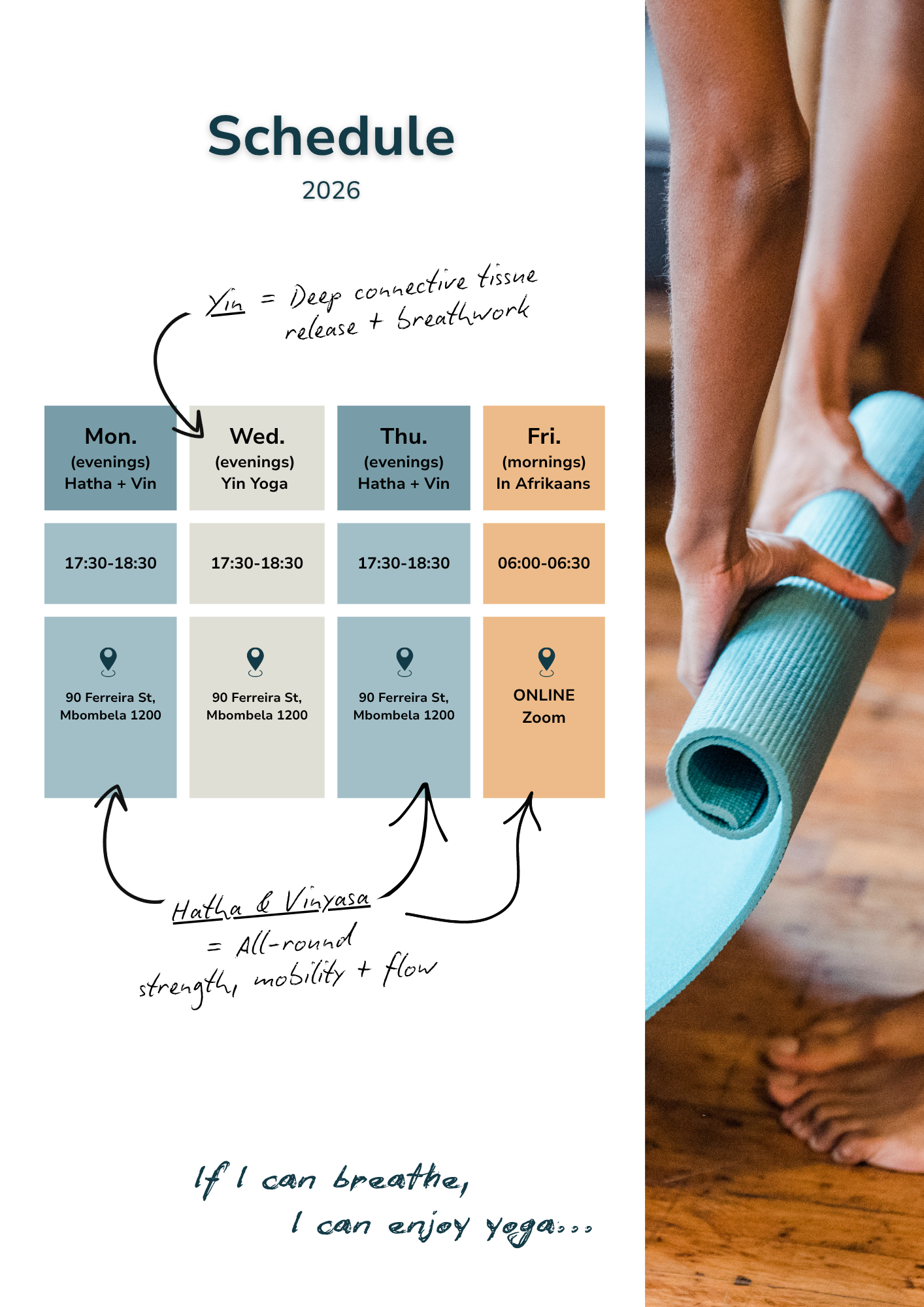 Yoga class schedule for Easy Being small-group yoga studio in Mbombela