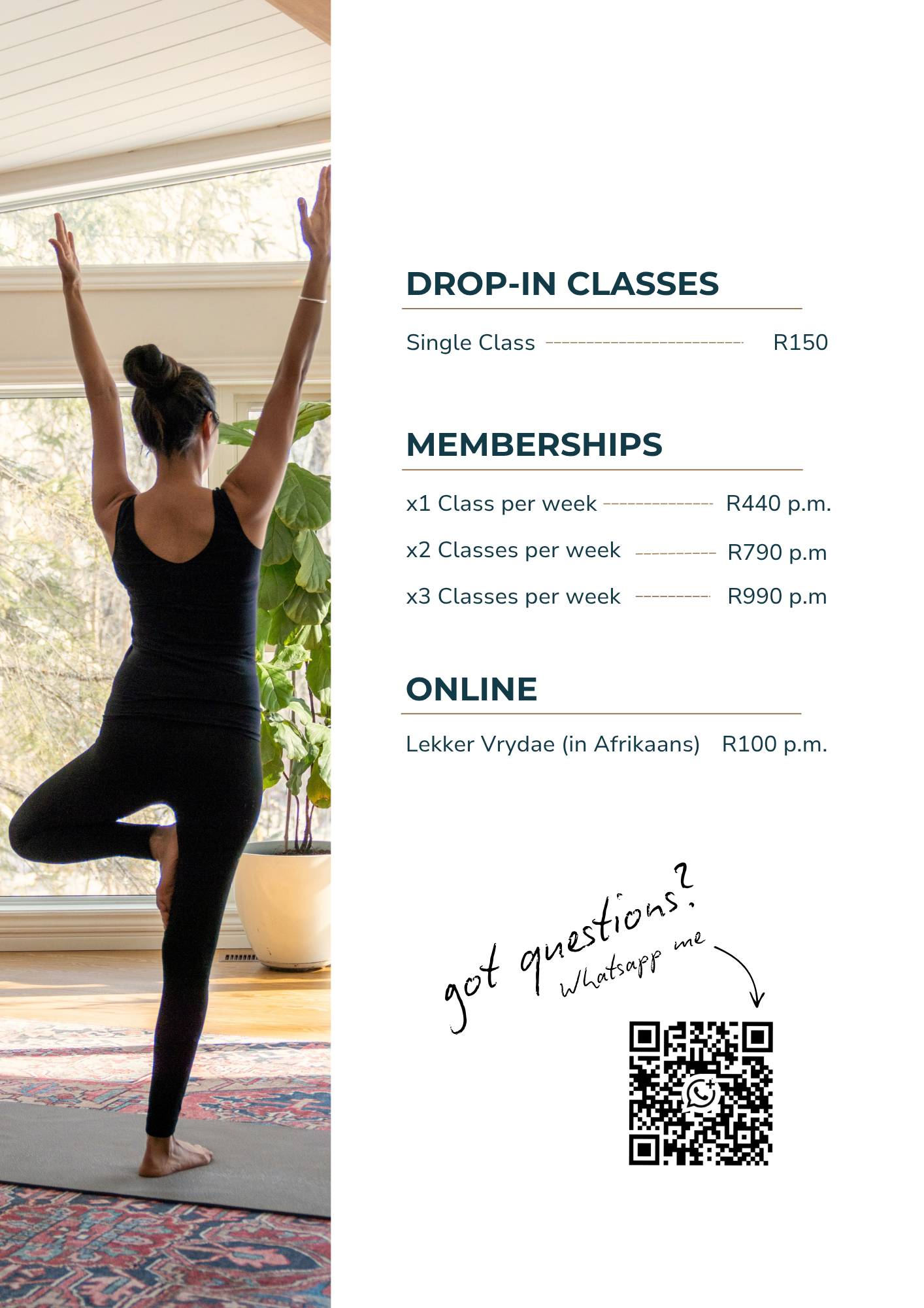 Yoga class memberships and drop-in rates for Easy Being small-group yoga studio in Mbombela