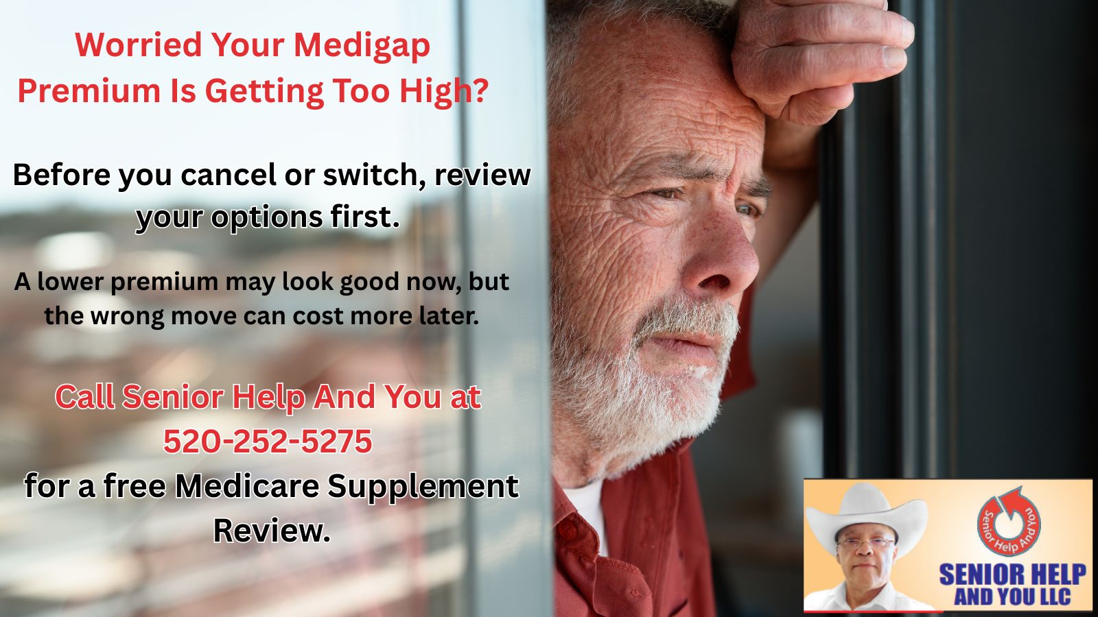 Senior man worried about rising Medigap premium reviewing Medicare Supplement options before canceling or switching coverage