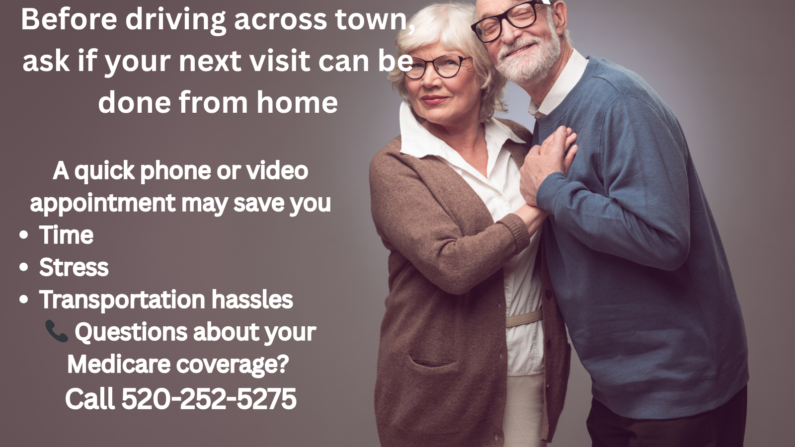 Senior couple learning Medicare telehealth visits may be done by phone or video from home.