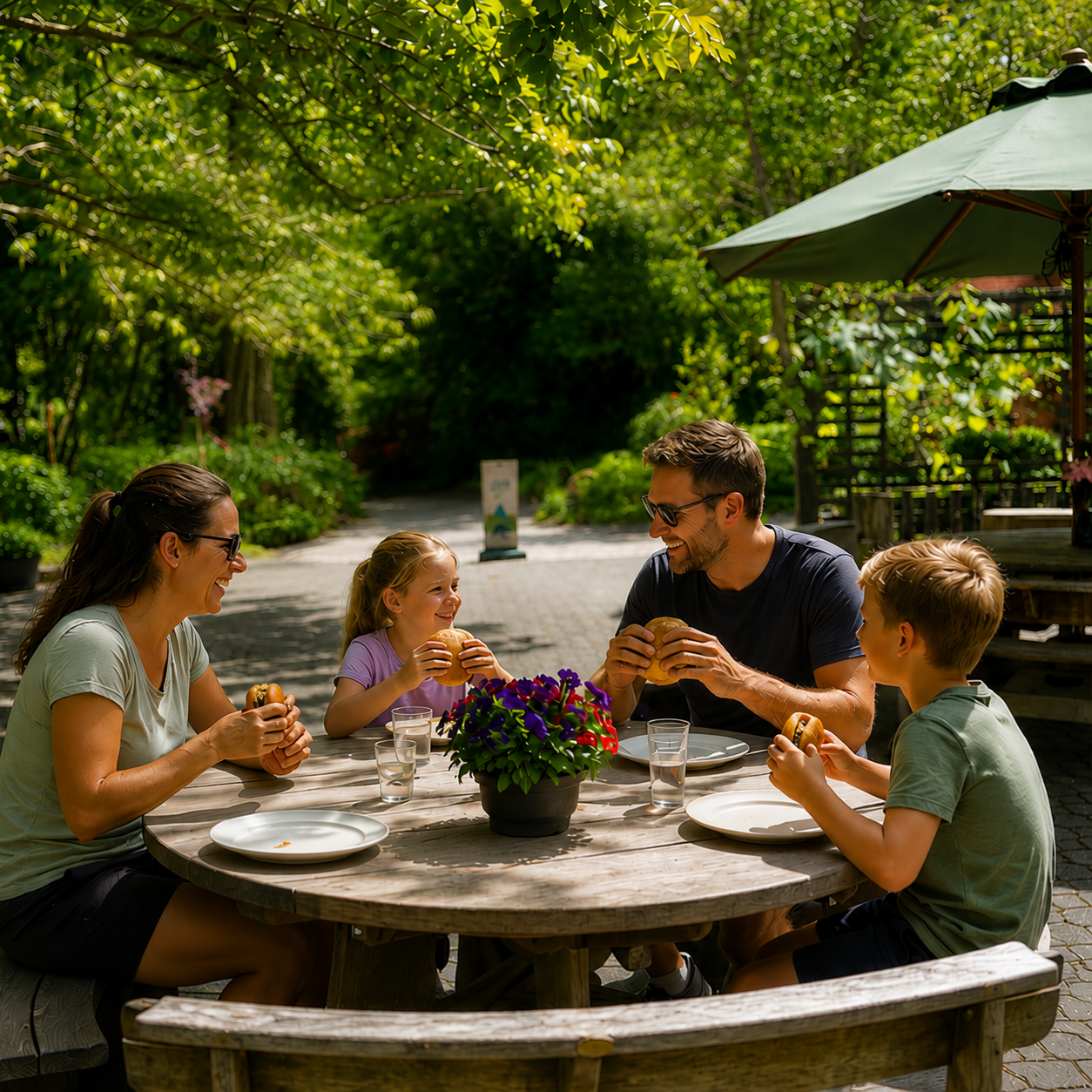 Family sharing lunch under the trees