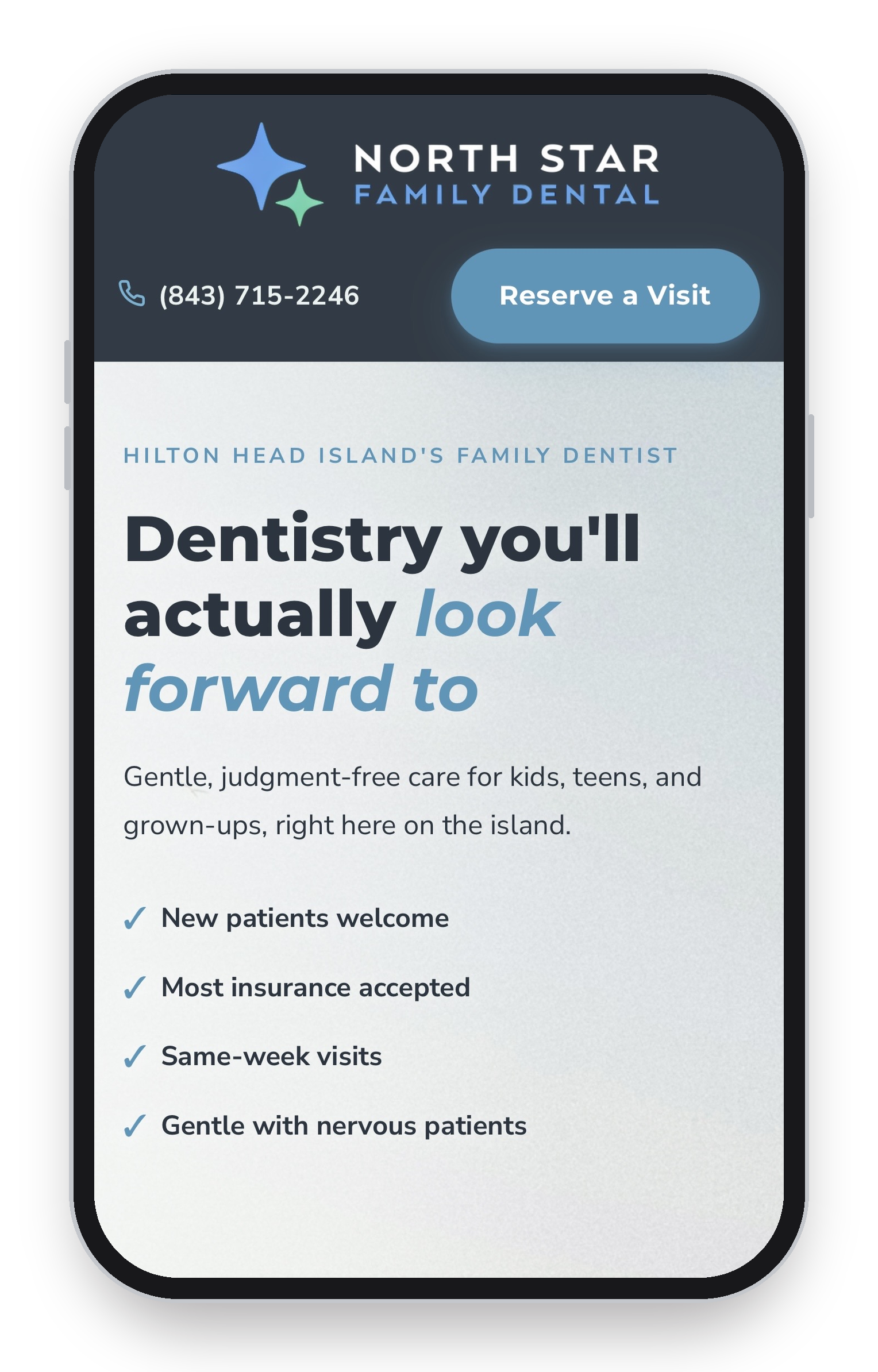 Dental website template, mobile view