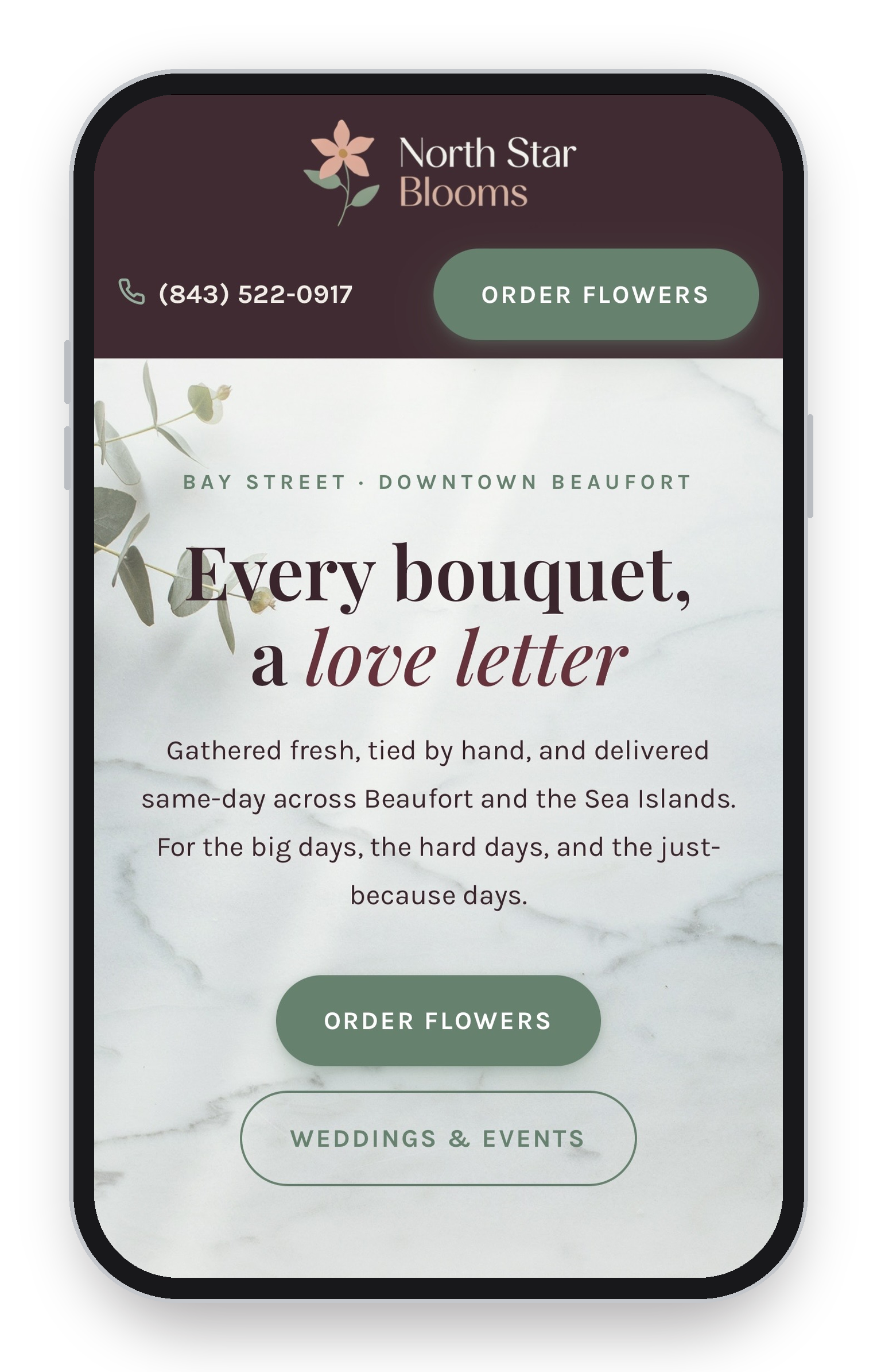 Florist website template, mobile view