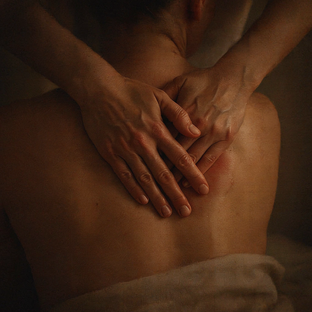Therapeutic massage on the upper back in warm candlelight