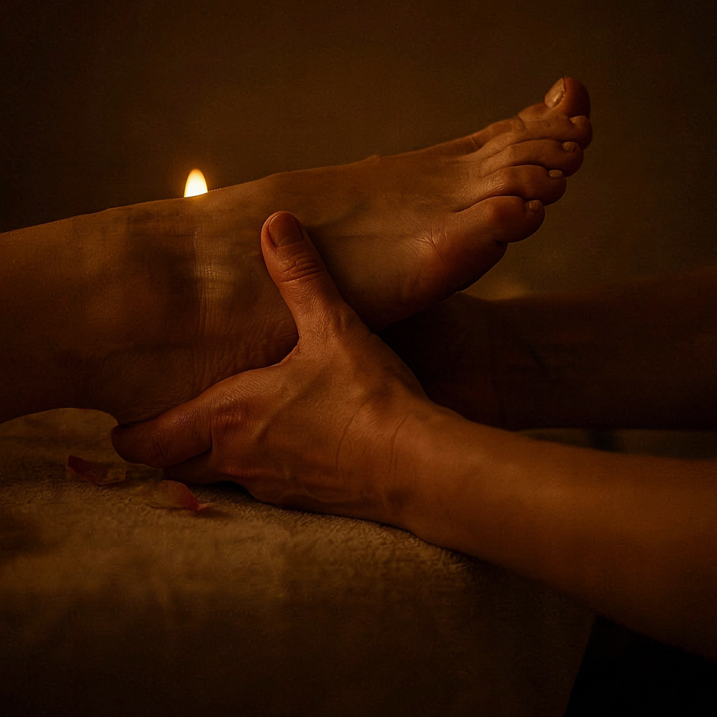 Hands cradling a foot in warm golden candlelight during reflexology