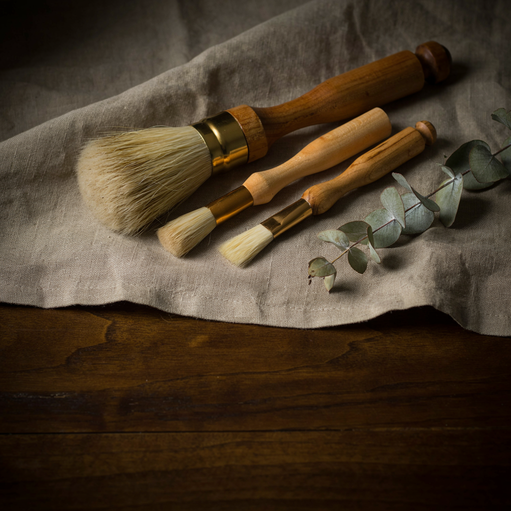 Natural dry brushes and sea salt in warm candlelight