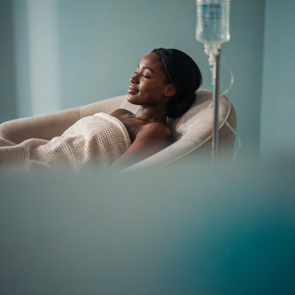 Relaxed IV wellness treatment in golden light