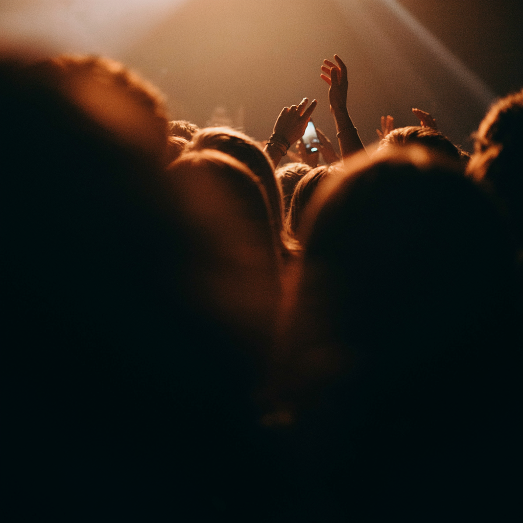 Crowd facing a warmly lit stage at night