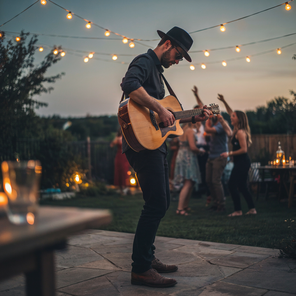 Sean Slater playing guitar at a backyard party under string lights