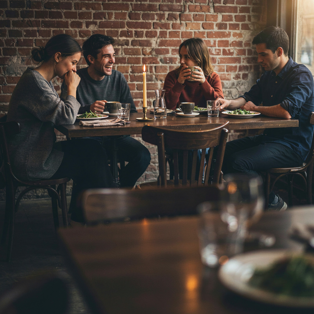 Friends raising a toast at a candlelit bistro table