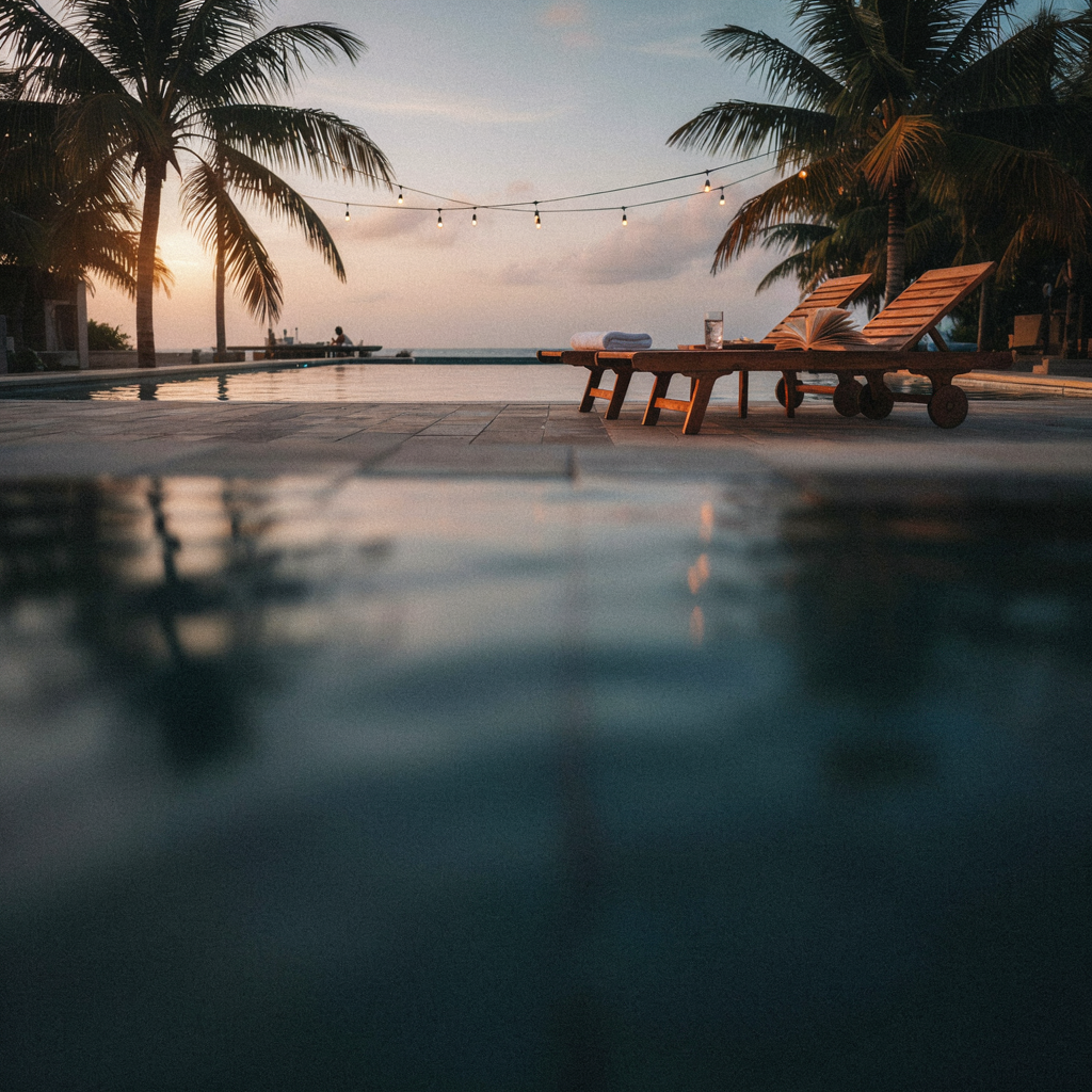 Resort pool deck at golden hour with string lights