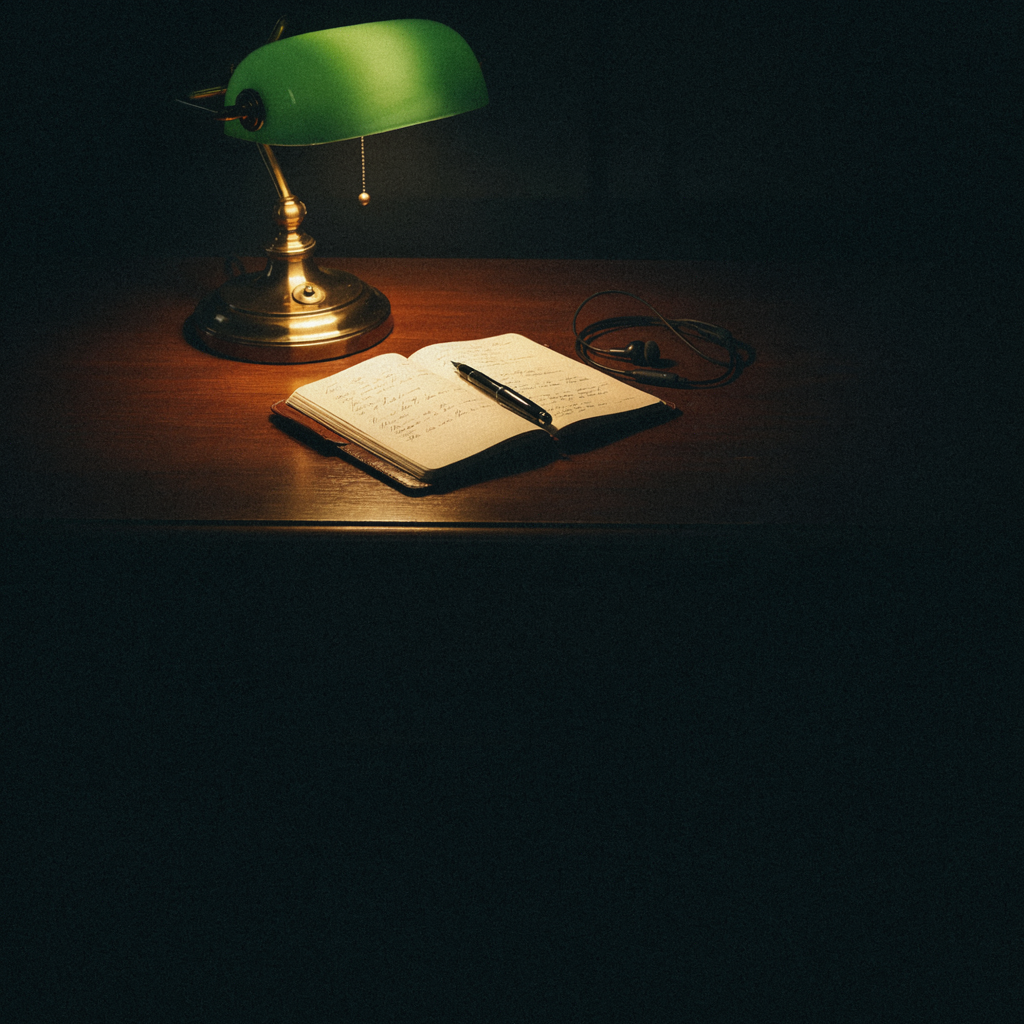 Brass desk lamp glowing over an open book and pen