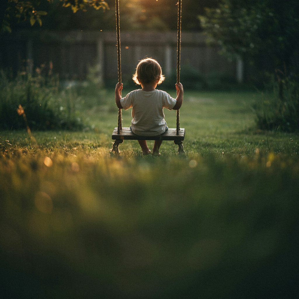 A young child on a swing in warm afternoon light