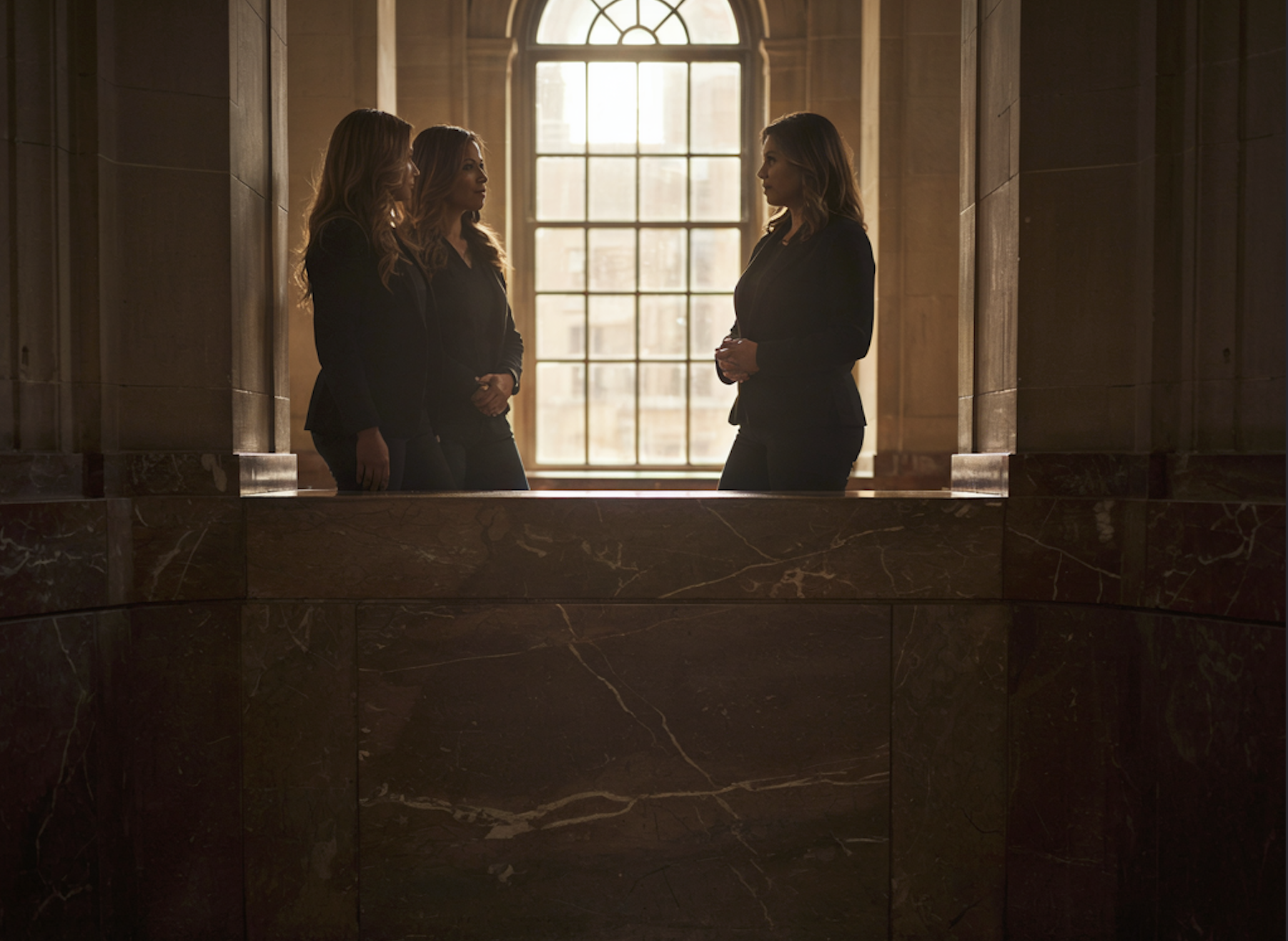 Two people standing in warm courthouse light, ready to talk