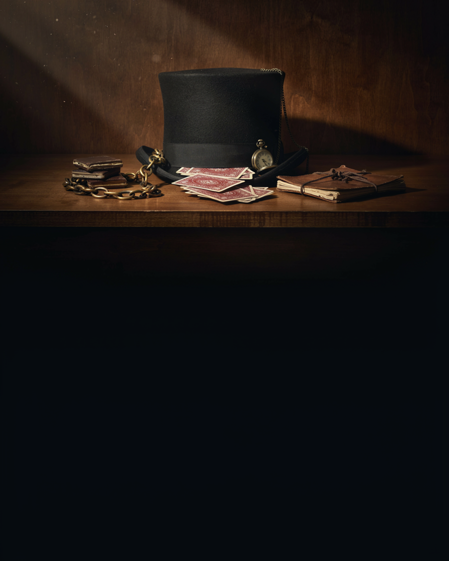 Antique magic props and collectibles in museum light
