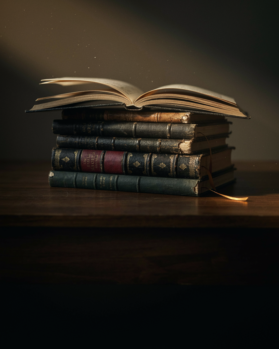 Vintage clothbound magic books stacked in warm light