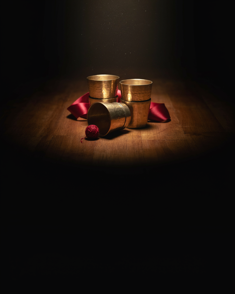 Brass cups and balls under a warm spotlight
