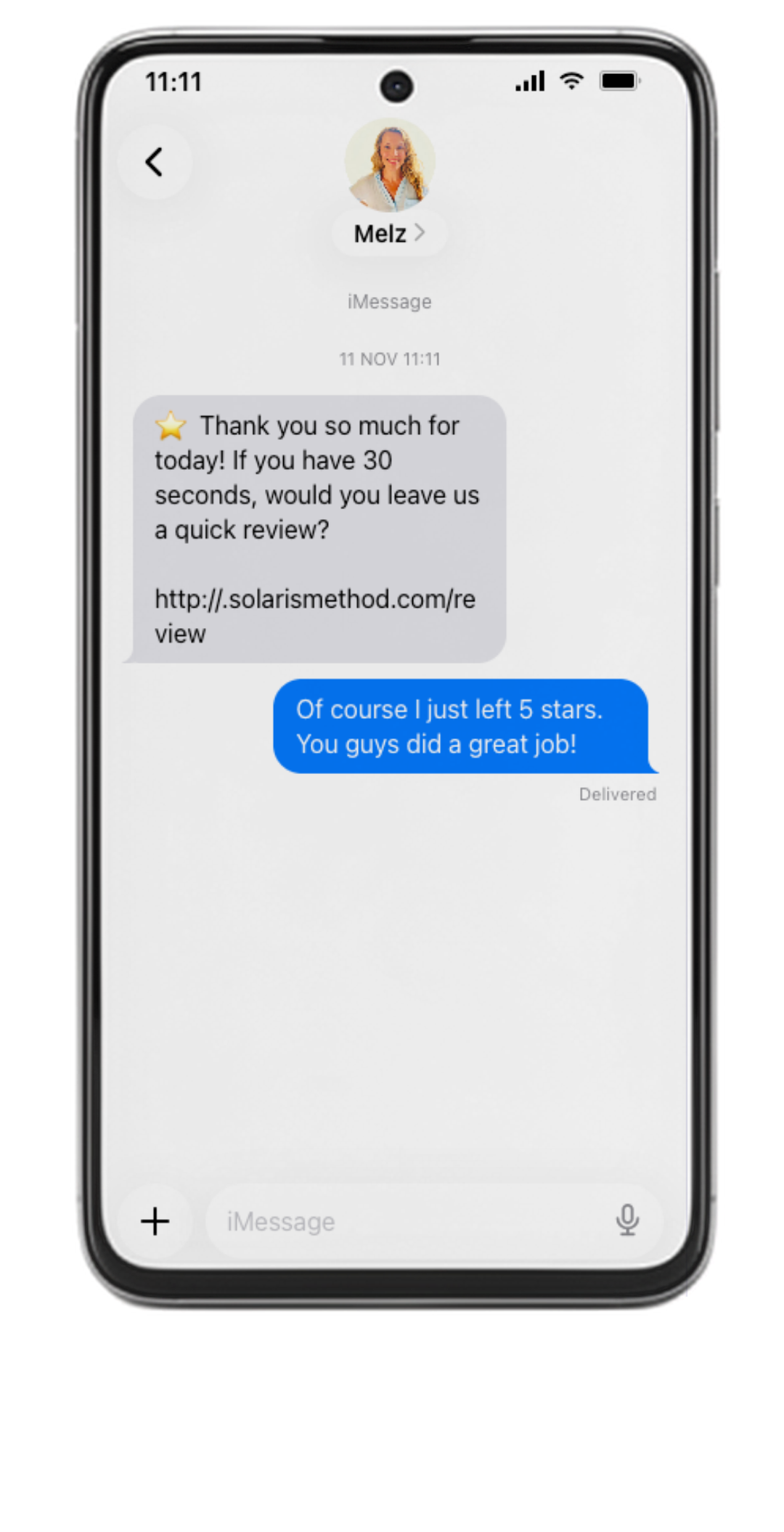 A five-star review requested and received by text