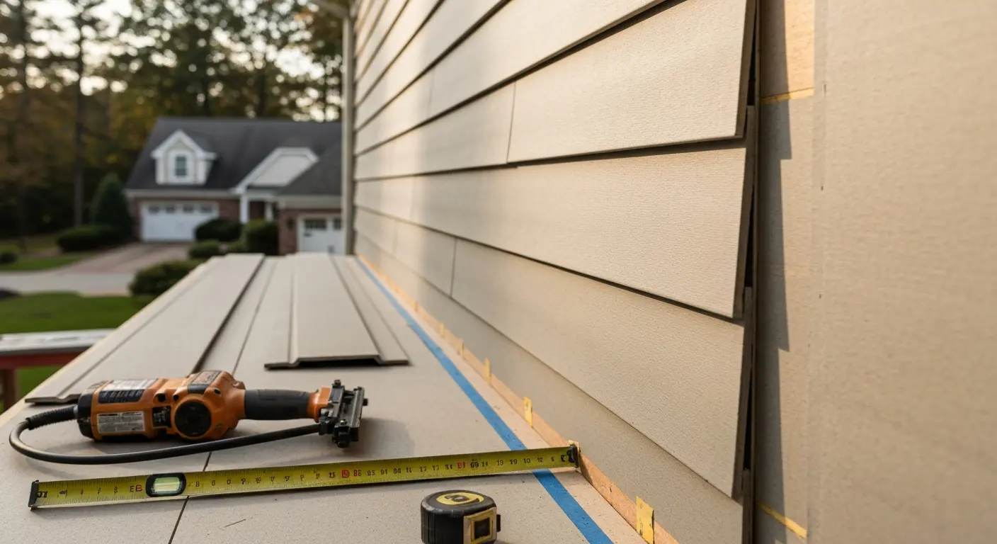 Siding repair work on Reston home after storm damage