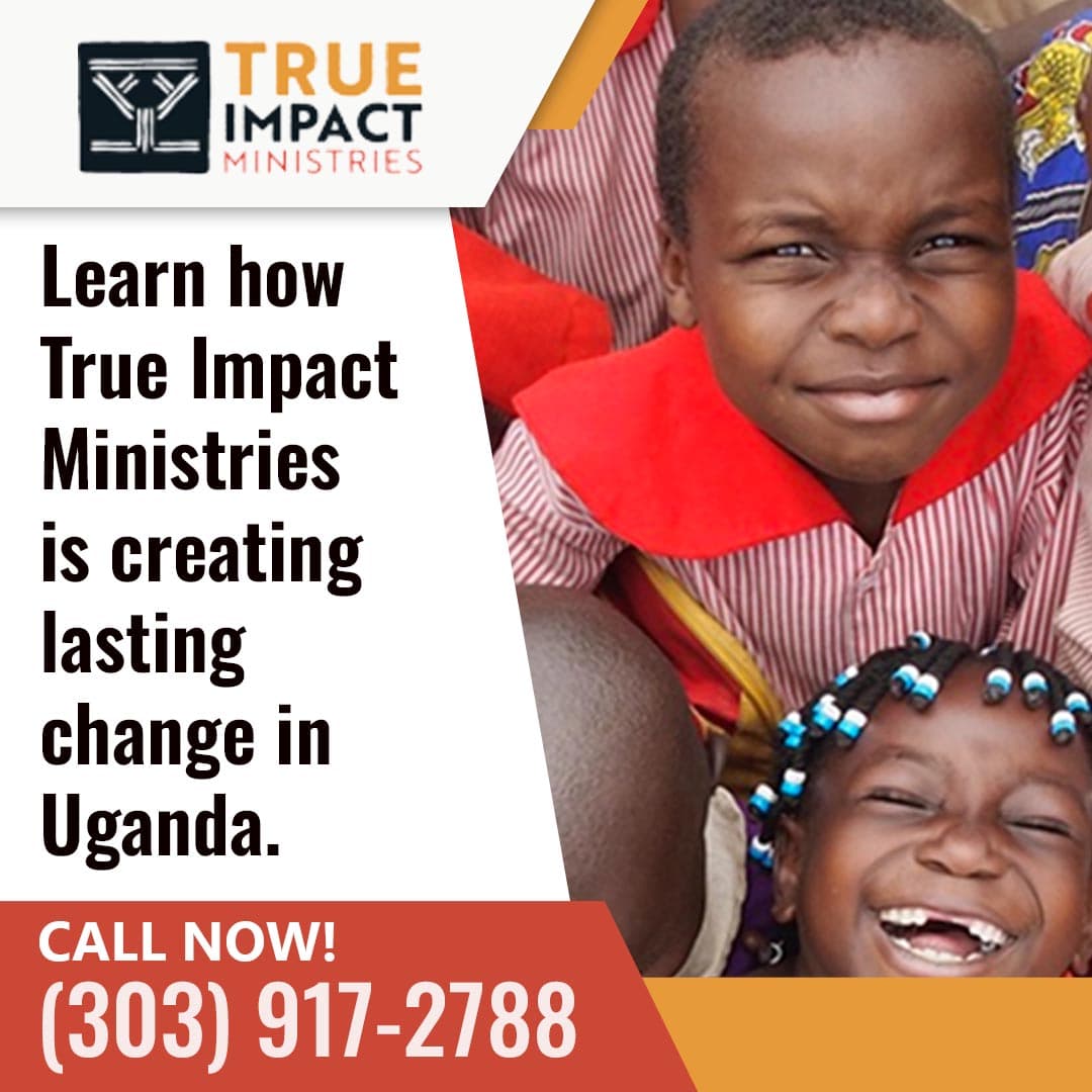 Smiling children in Uganda featured in a True Impact Ministries outreach campaign
