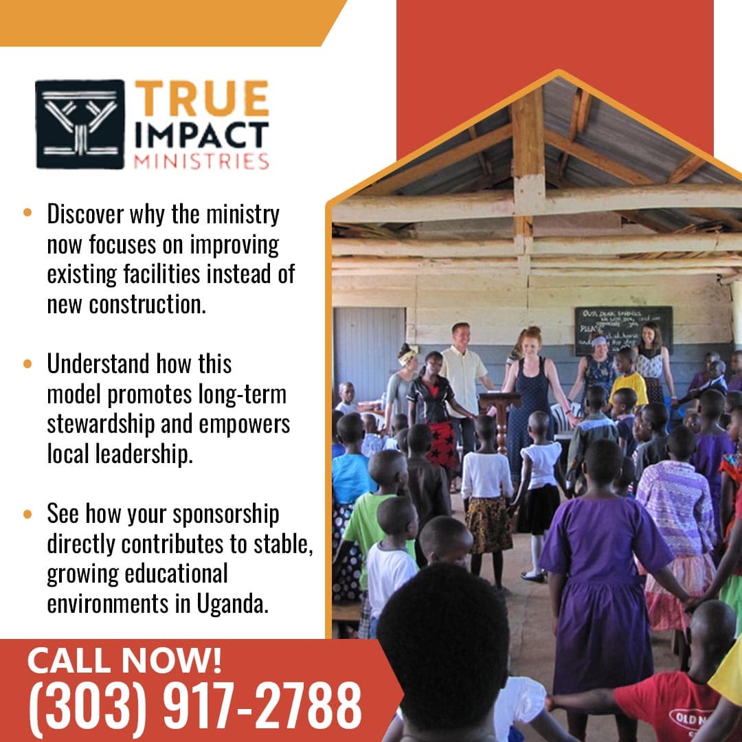 Volunteers and children gathered inside a classroom during a ministry outreach program in Uganda