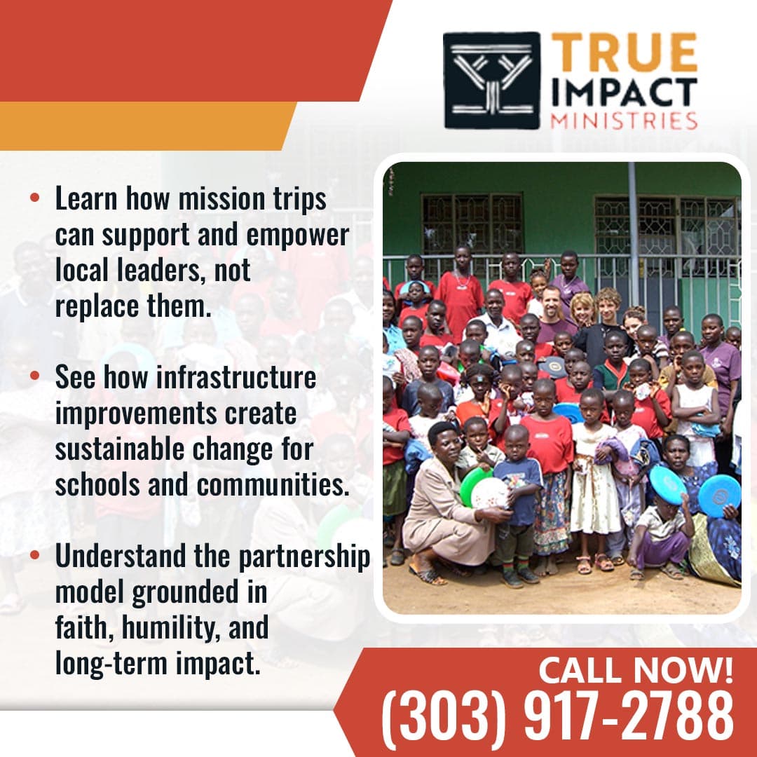 Group of children and volunteers gathered outside a school building in Uganda