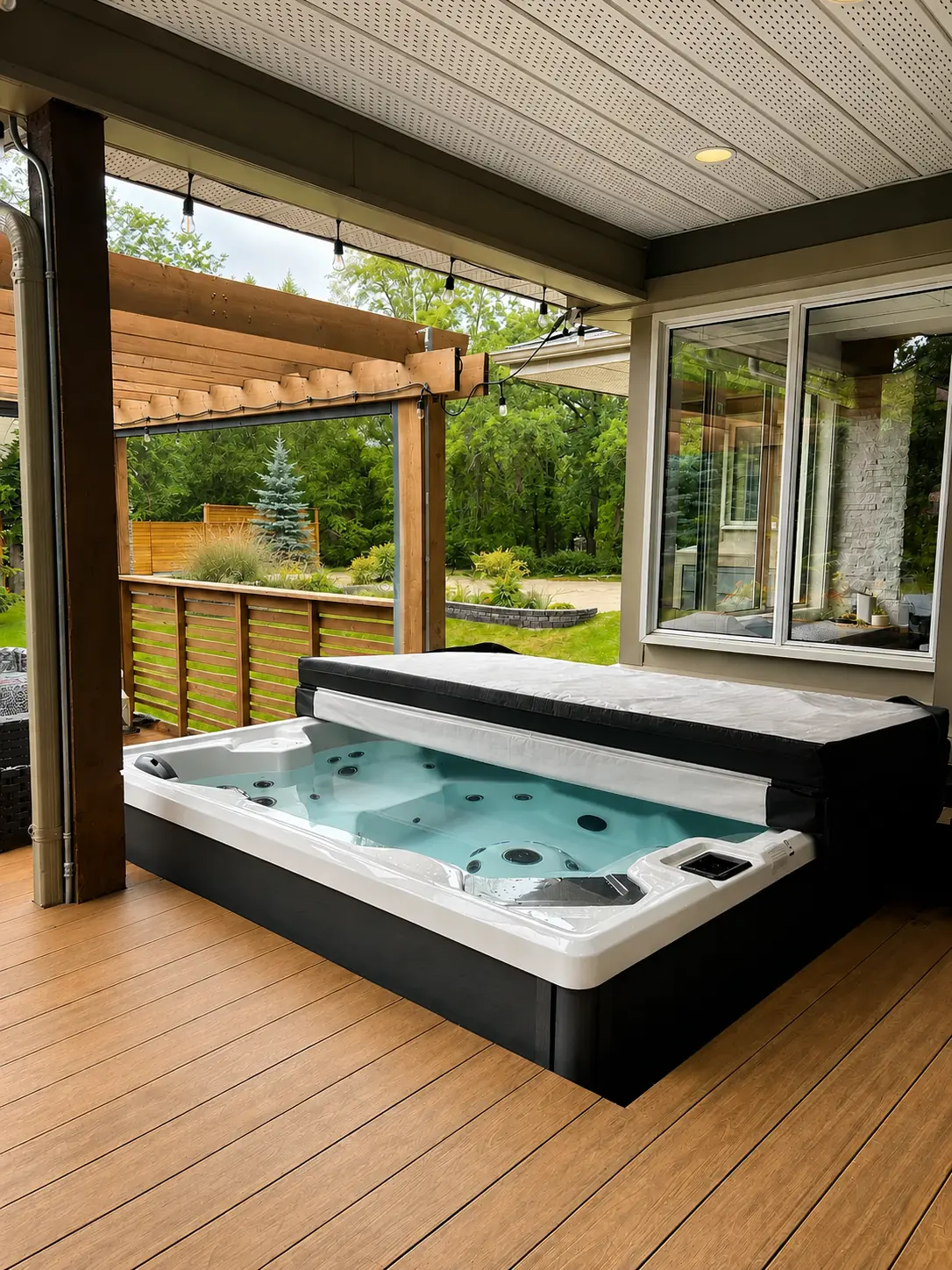 Finished recessed hot tub in a covered outdoor setting